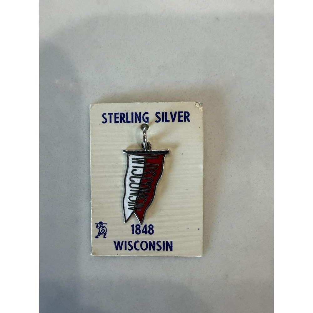 Vintage Wisconsin Sterling Silver Enamel State Charm Original Card Souvenir